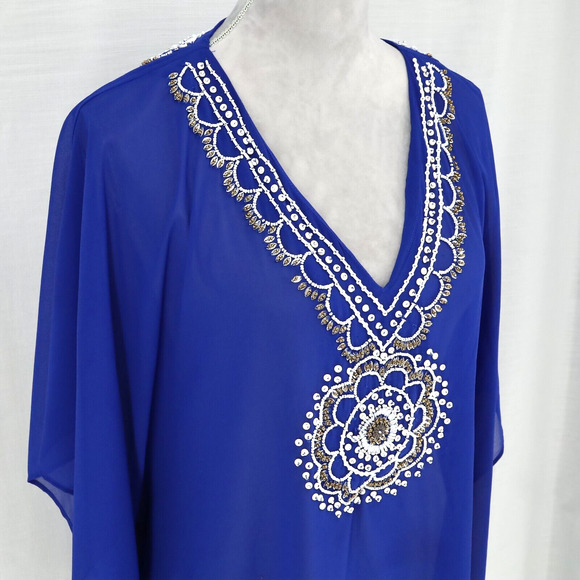 Chicos Top Womens Small Medium Blue Beaded Blouse Chiffon Lined Batwing Sleeves - Picture 6 of 13